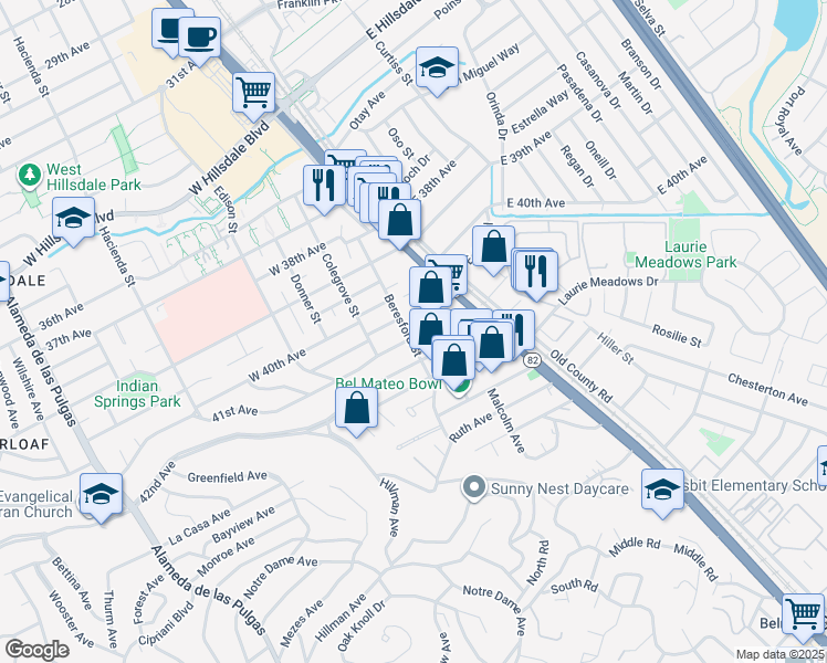 map of restaurants, bars, coffee shops, grocery stores, and more near 70 41st Avenue in San Mateo