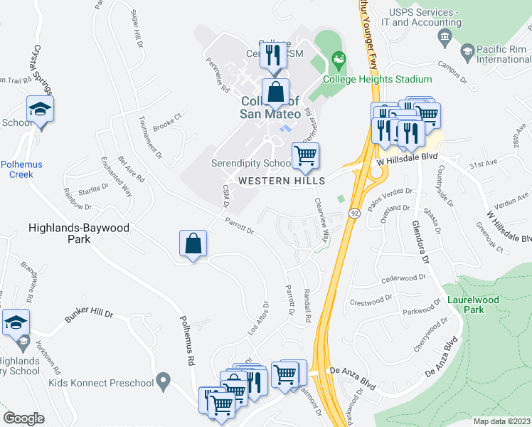 map of restaurants, bars, coffee shops, grocery stores, and more near 14 Lyonridge Lane in San Mateo