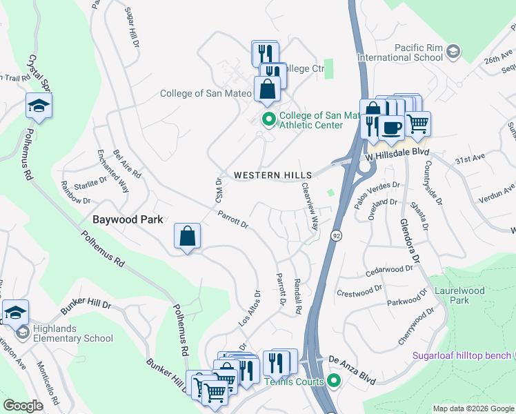 map of restaurants, bars, coffee shops, grocery stores, and more near 1685 Bayridge Way in San Mateo