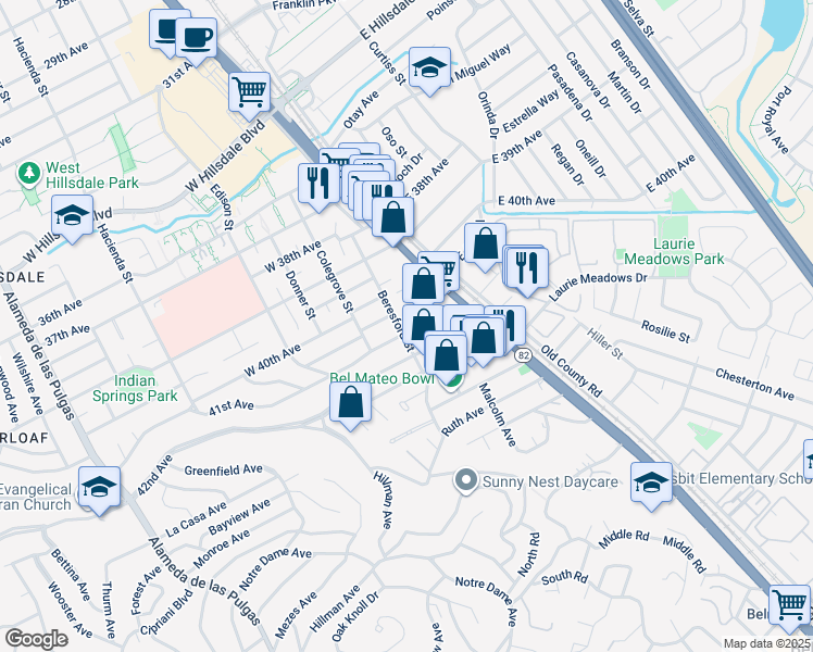 map of restaurants, bars, coffee shops, grocery stores, and more near 70 41st Avenue in San Mateo