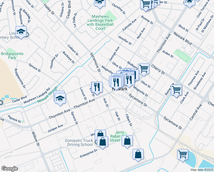 map of restaurants, bars, coffee shops, grocery stores, and more near 36875 Sycamore Street in Newark