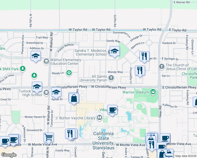 map of restaurants, bars, coffee shops, grocery stores, and more near 900 Collegeview Drive in Turlock