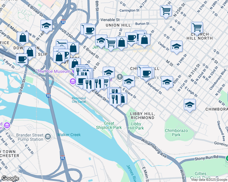 map of restaurants, bars, coffee shops, grocery stores, and more near 2418 East Franklin Street in Richmond