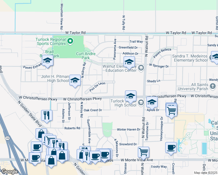 map of restaurants, bars, coffee shops, grocery stores, and more near 4152 Post Oak Drive in Turlock