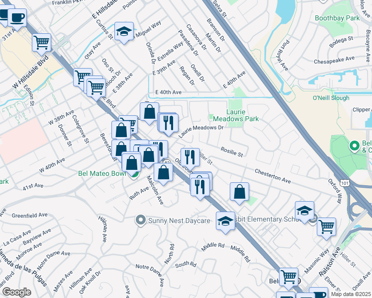 map of restaurants, bars, coffee shops, grocery stores, and more near 138 Blossom Circle in San Mateo