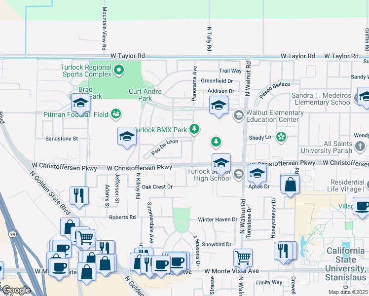 map of restaurants, bars, coffee shops, grocery stores, and more near 4152 Post Oak Drive in Turlock