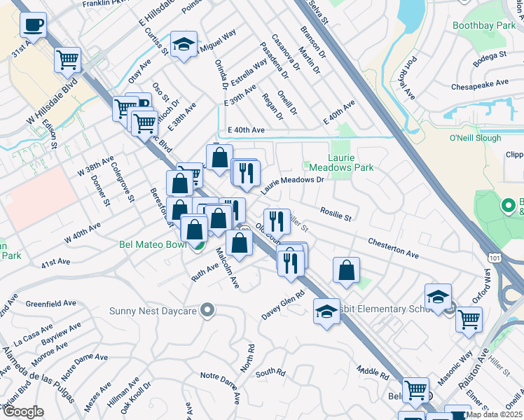 map of restaurants, bars, coffee shops, grocery stores, and more near 101 Blossom Circle in San Mateo