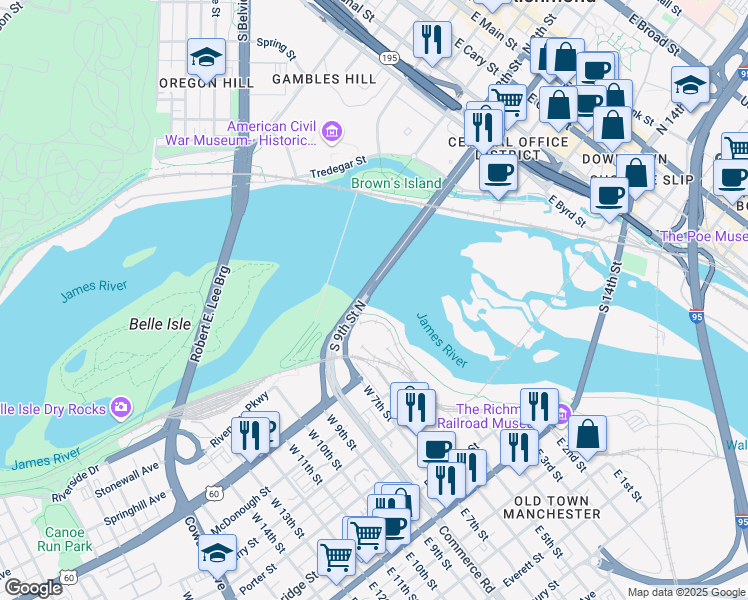map of restaurants, bars, coffee shops, grocery stores, and more near Manchester Floodwall Walk in Richmond