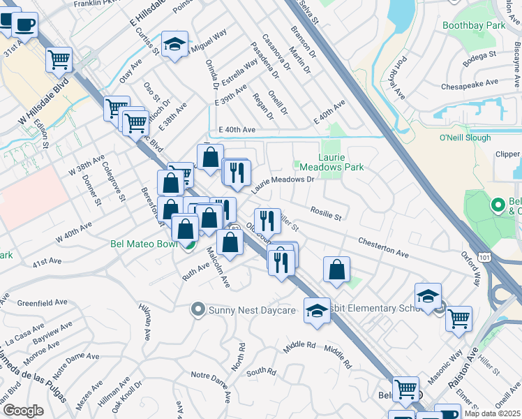 map of restaurants, bars, coffee shops, grocery stores, and more near 138 Blossom Circle in San Mateo