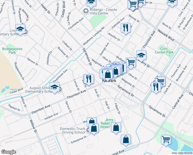 map of restaurants, bars, coffee shops, grocery stores, and more near 36867 Sycamore Street in Newark