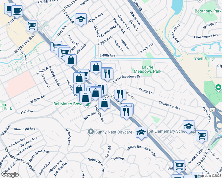 map of restaurants, bars, coffee shops, grocery stores, and more near 101 Blossom Circle in San Mateo