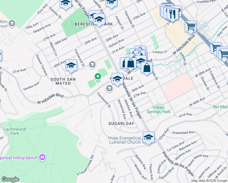 map of restaurants, bars, coffee shops, grocery stores, and more near 2 36th Avenue in San Mateo