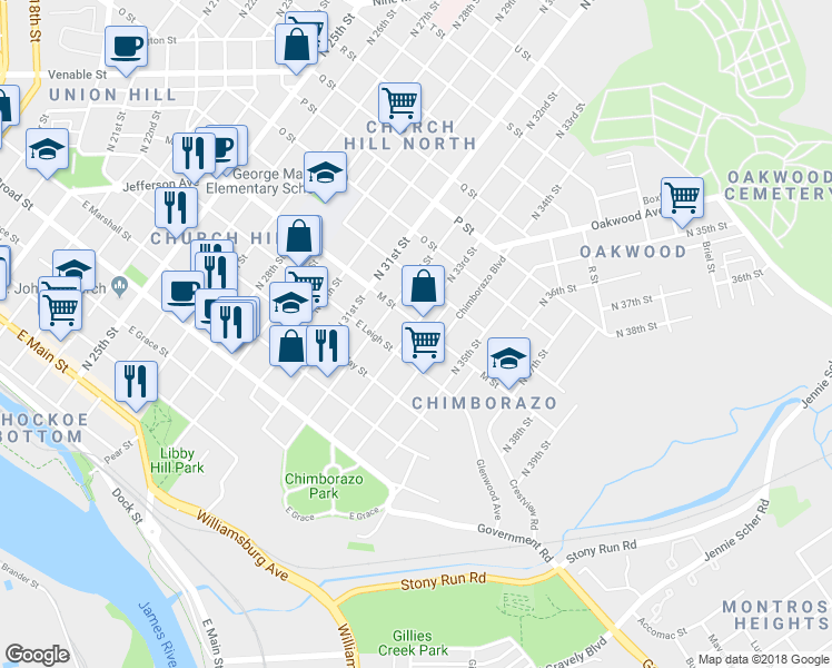 map of restaurants, bars, coffee shops, grocery stores, and more near 625 North 33rd Street in Richmond