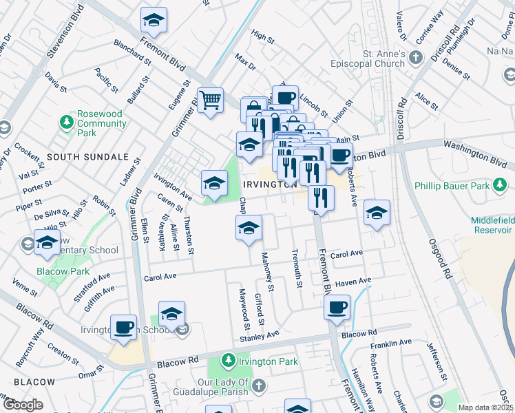 map of restaurants, bars, coffee shops, grocery stores, and more near 4230 Laurel Street in Fremont