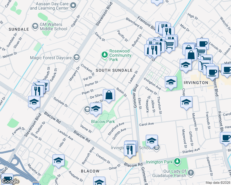 map of restaurants, bars, coffee shops, grocery stores, and more near 4500 Piper Street in Fremont