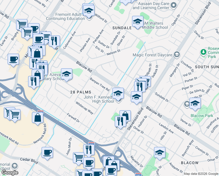 map of restaurants, bars, coffee shops, grocery stores, and more near 5084 Silver Reef Drive in Fremont