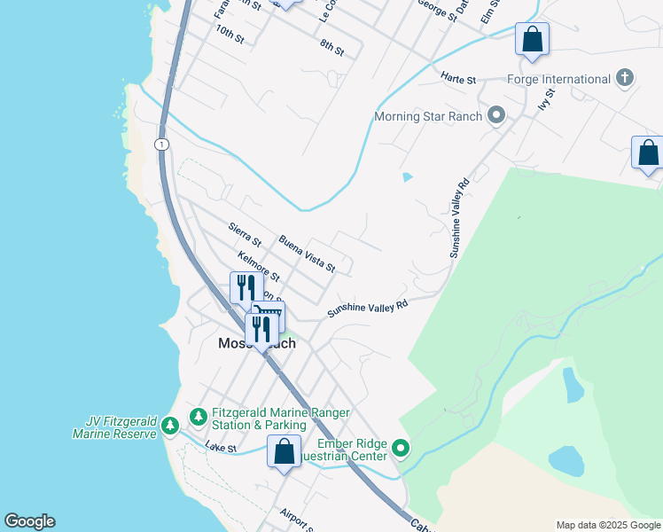 map of restaurants, bars, coffee shops, grocery stores, and more near Stetson Street in Moss Beach