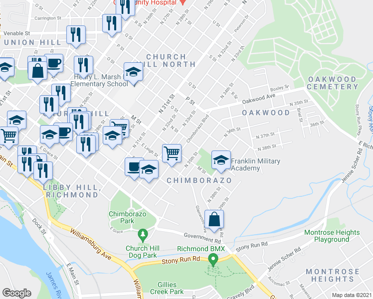 map of restaurants, bars, coffee shops, grocery stores, and more near 712 North 35th Street in Richmond