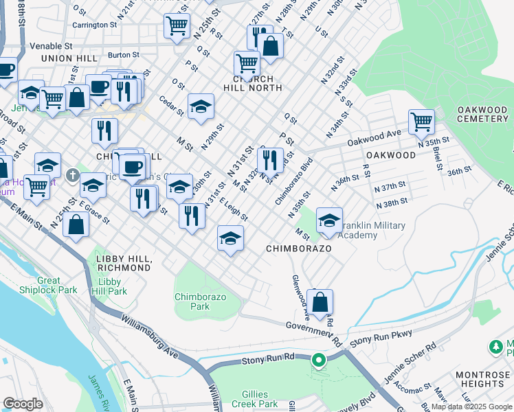 map of restaurants, bars, coffee shops, grocery stores, and more near 625 North 33rd Street in Richmond