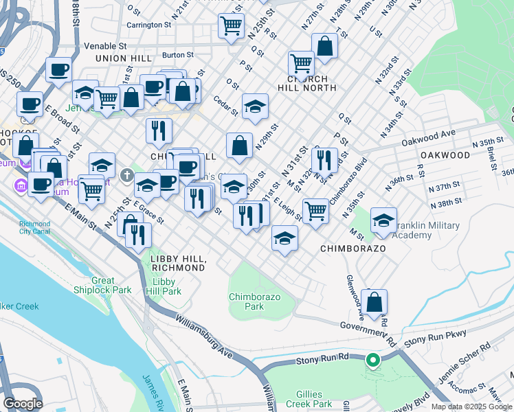 map of restaurants, bars, coffee shops, grocery stores, and more near 504 North 31st Street in Richmond