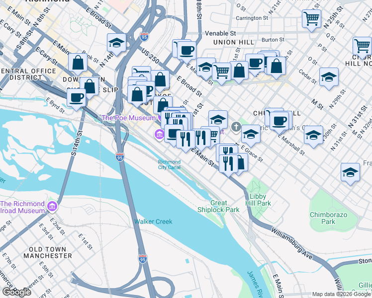 map of restaurants, bars, coffee shops, grocery stores, and more near 17 South 22nd Street in Richmond