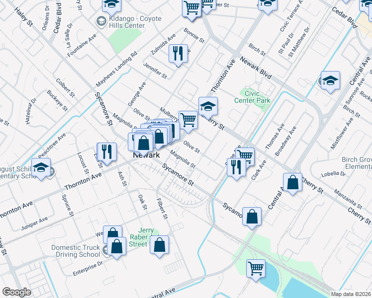 map of restaurants, bars, coffee shops, grocery stores, and more near 37029 Olive Street in Newark