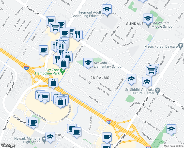 map of restaurants, bars, coffee shops, grocery stores, and more near 39487 Royal Palm Drive in Fremont