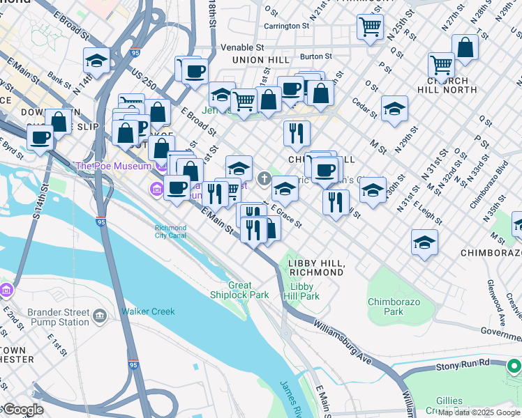 map of restaurants, bars, coffee shops, grocery stores, and more near 123 N 25th St in Richmond