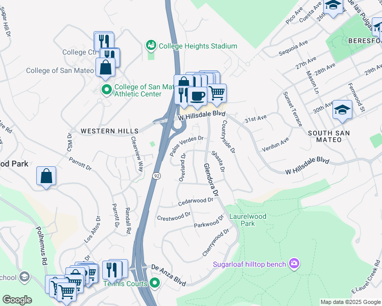 map of restaurants, bars, coffee shops, grocery stores, and more near 3300 El Sobrante Street in San Mateo