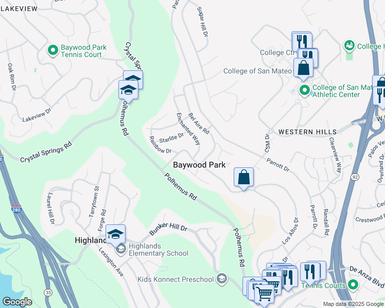 map of restaurants, bars, coffee shops, grocery stores, and more near 1485 Ascension Drive in San Mateo