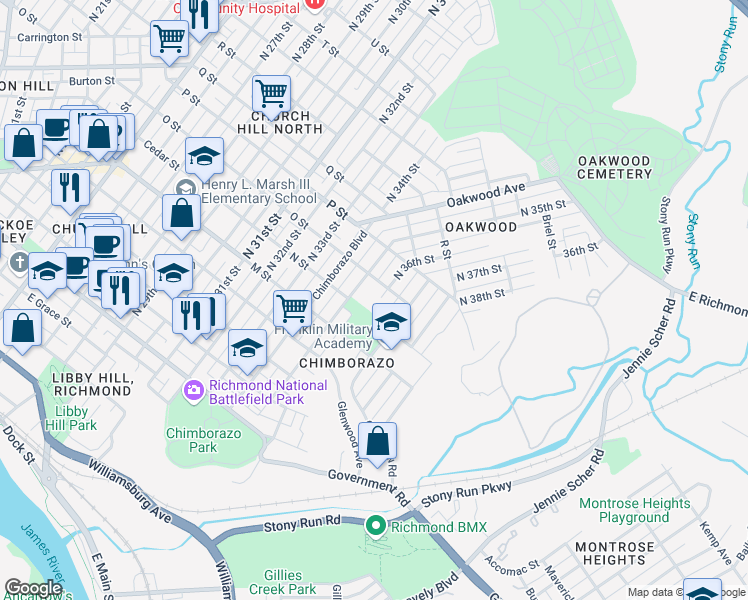 map of restaurants, bars, coffee shops, grocery stores, and more near 815 North 35th Street in Richmond