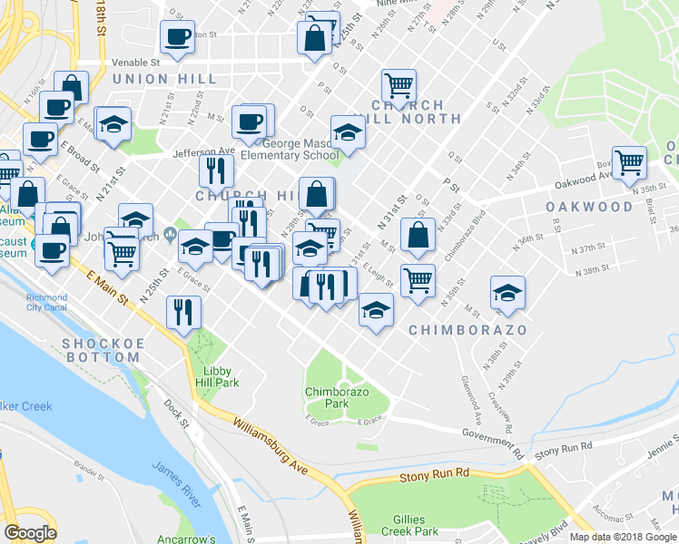 map of restaurants, bars, coffee shops, grocery stores, and more near 504 North 31st Street in Richmond