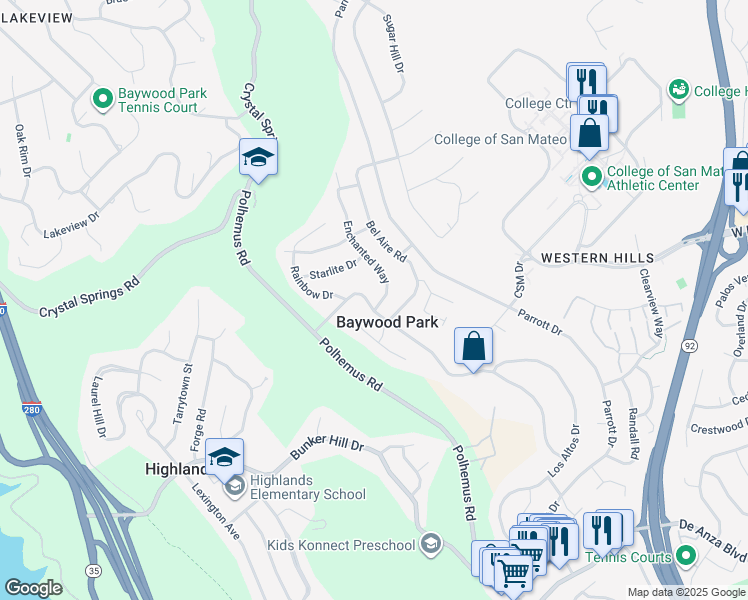 map of restaurants, bars, coffee shops, grocery stores, and more near 1485 Ascension Drive in San Mateo