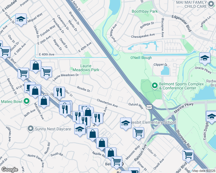 map of restaurants, bars, coffee shops, grocery stores, and more near 269 Woodbridge Circle in San Mateo
