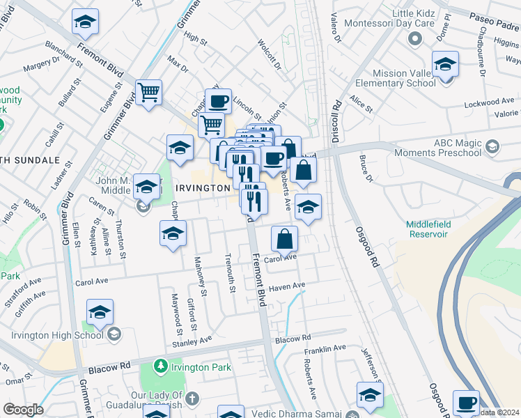 map of restaurants, bars, coffee shops, grocery stores, and more near 41212 Fremont Boulevard in Fremont