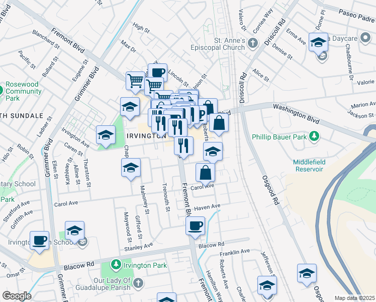 map of restaurants, bars, coffee shops, grocery stores, and more near 41212 Fremont Boulevard in Fremont