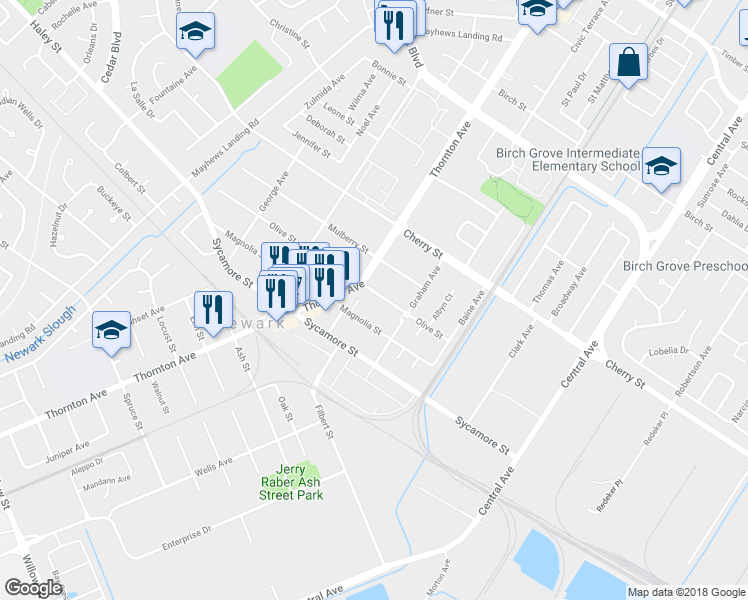 map of restaurants, bars, coffee shops, grocery stores, and more near 37029 Olive Street in Newark