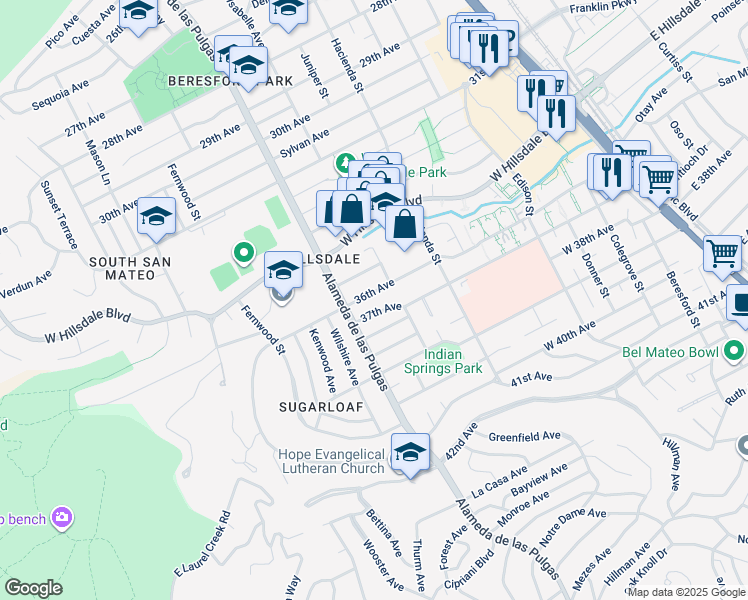 map of restaurants, bars, coffee shops, grocery stores, and more near 417 36th Avenue in San Mateo
