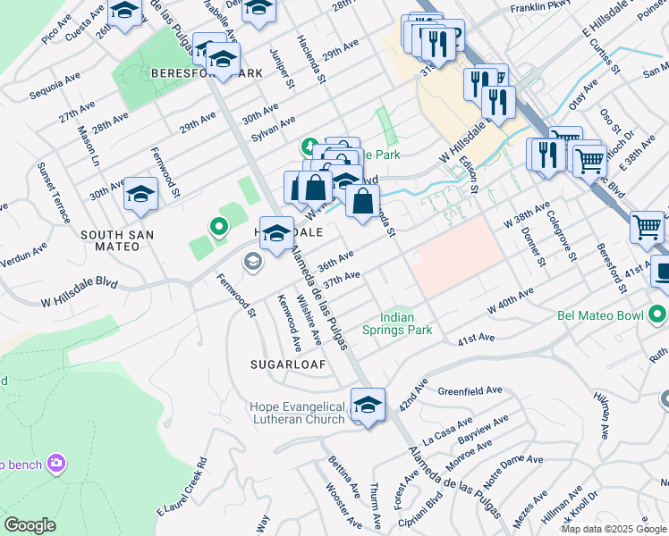 map of restaurants, bars, coffee shops, grocery stores, and more near 417 36th Avenue in San Mateo
