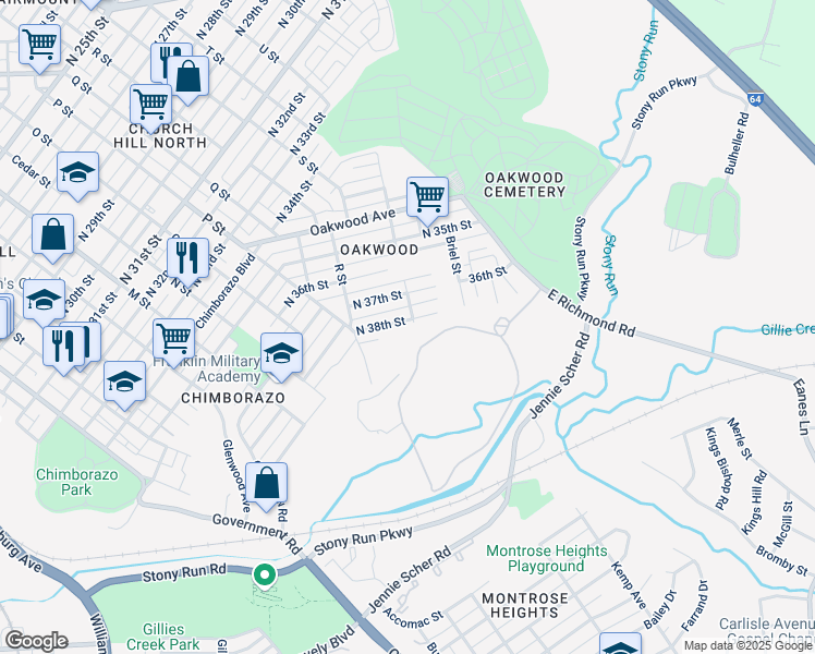 map of restaurants, bars, coffee shops, grocery stores, and more near 1233 North 38th Street in Richmond