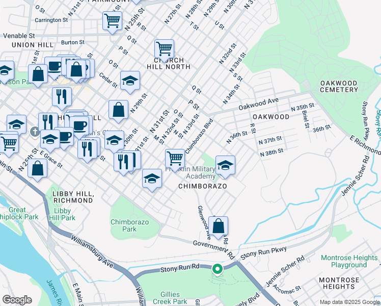 map of restaurants, bars, coffee shops, grocery stores, and more near 713 Chimborazo Boulevard in Richmond