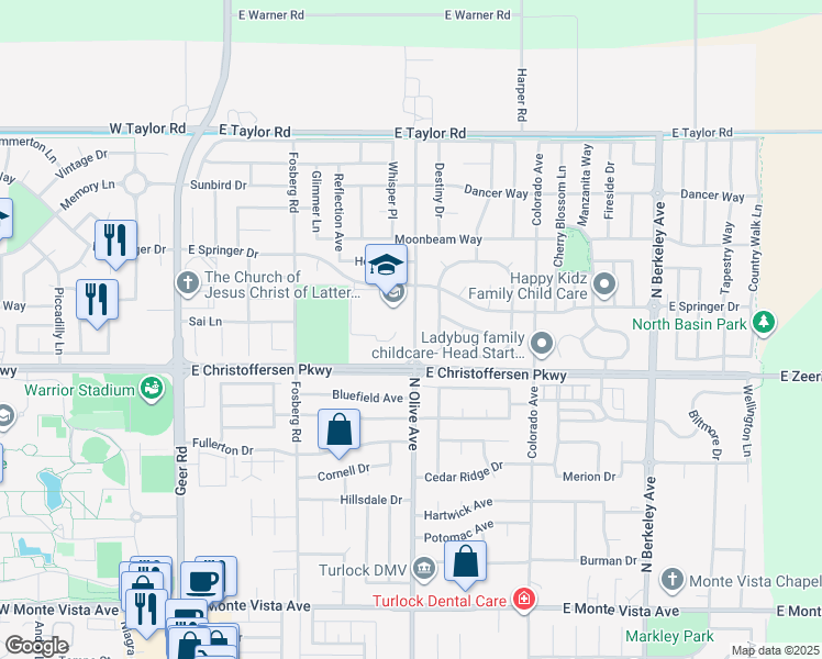map of restaurants, bars, coffee shops, grocery stores, and more near 3991 North Olive Avenue in Turlock