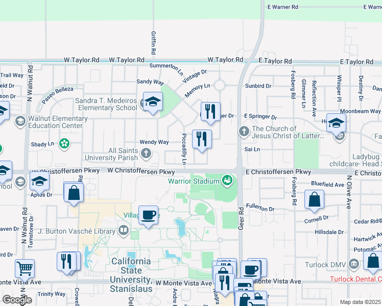 map of restaurants, bars, coffee shops, grocery stores, and more near 4082 Piccadilly Lane in Turlock
