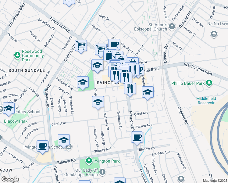 map of restaurants, bars, coffee shops, grocery stores, and more near 4140 Irvington Avenue in Fremont