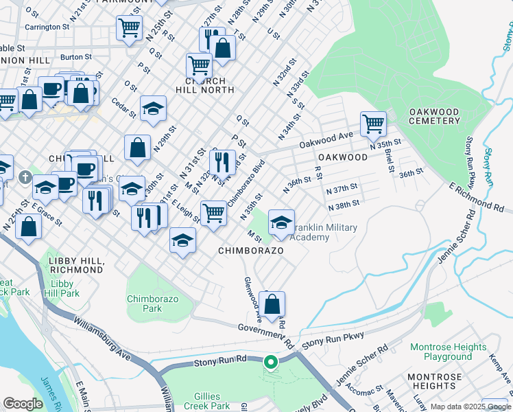 map of restaurants, bars, coffee shops, grocery stores, and more near 712 North 35th Street in Richmond