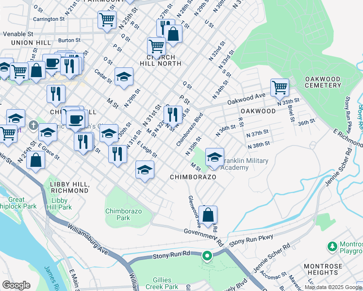 map of restaurants, bars, coffee shops, grocery stores, and more near 713 Chimborazo Boulevard in Richmond