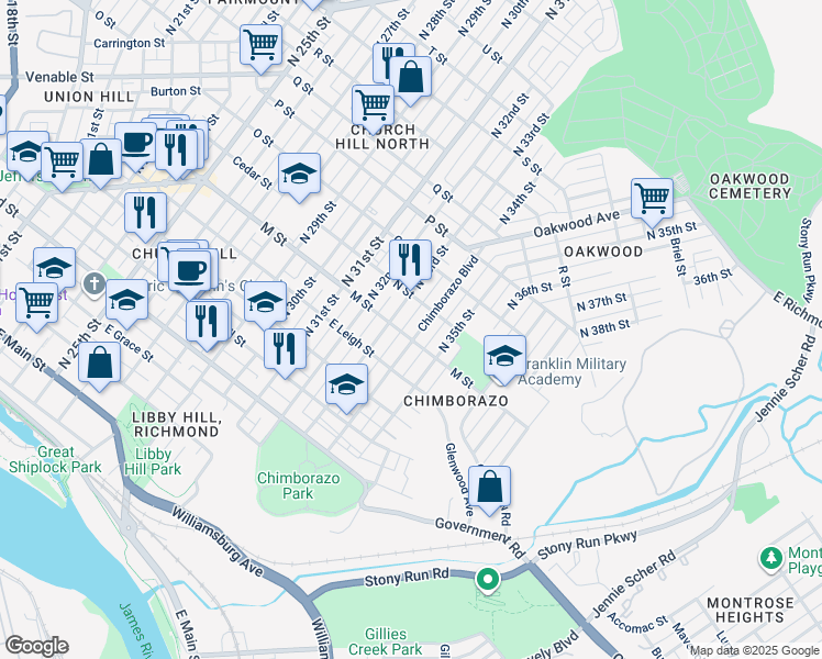 map of restaurants, bars, coffee shops, grocery stores, and more near 704 Chimborazo Boulevard in Richmond