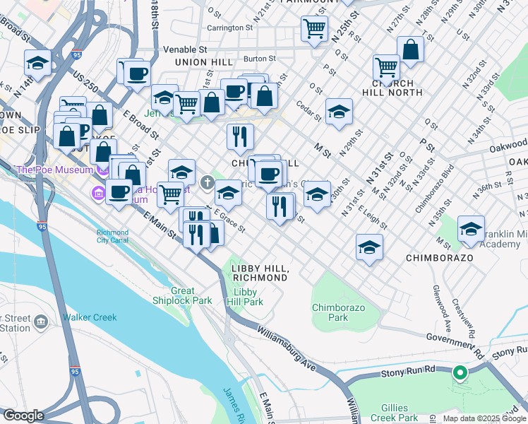 map of restaurants, bars, coffee shops, grocery stores, and more near 2717 East Broad Street in Richmond