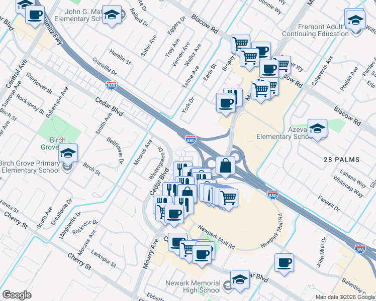 map of restaurants, bars, coffee shops, grocery stores, and more near 5659 Daylily Street in Newark