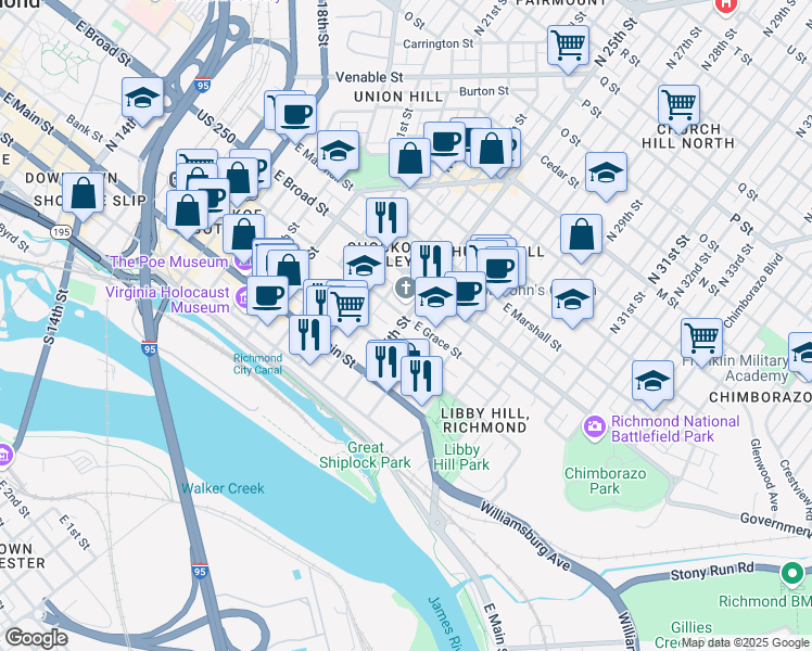 map of restaurants, bars, coffee shops, grocery stores, and more near 2501 East Grace Street in Richmond